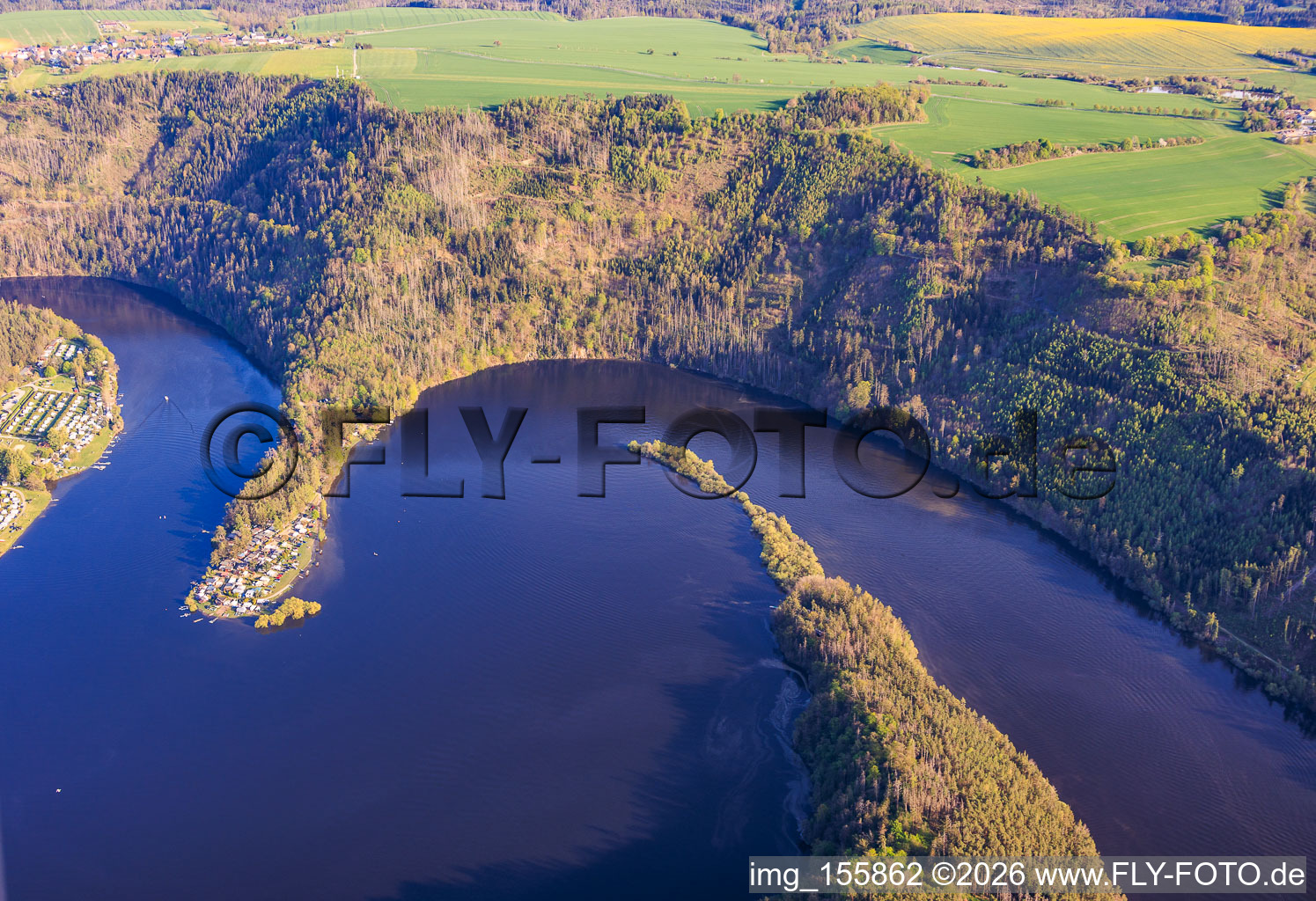 Hohenwarte I reservoir from the north with Drachenufer and Droschkau campsite in Gössitz in the state Thuringia, Germany