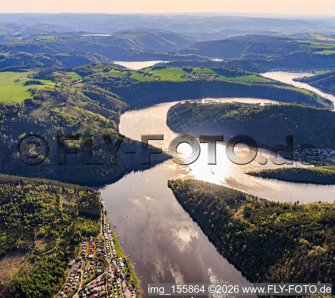 Lake landscape of the Hohenwarte reservoir from the east with Jägerspitze in the district Reitzengeschwenda in Drognitz in the state Thuringia, Germany