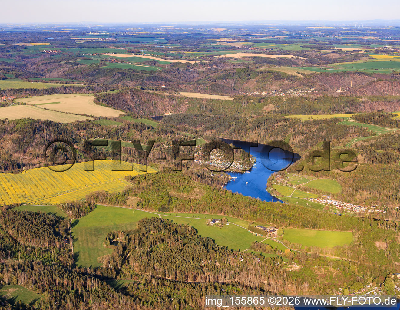 Lake landscape of the Hohenwarte reservoir from the west with Linkenmühle campsite in Altenbeuthen in the state Thuringia, Germany