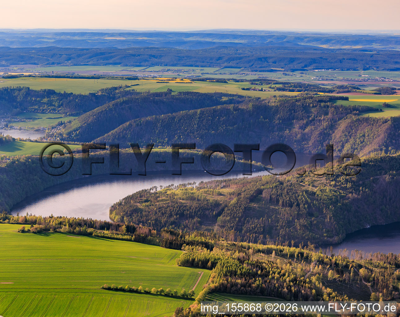 Lake landscape of the Hohenwarte reservoir from the southeast in the district Neidenberga in Drognitz in the state Thuringia, Germany