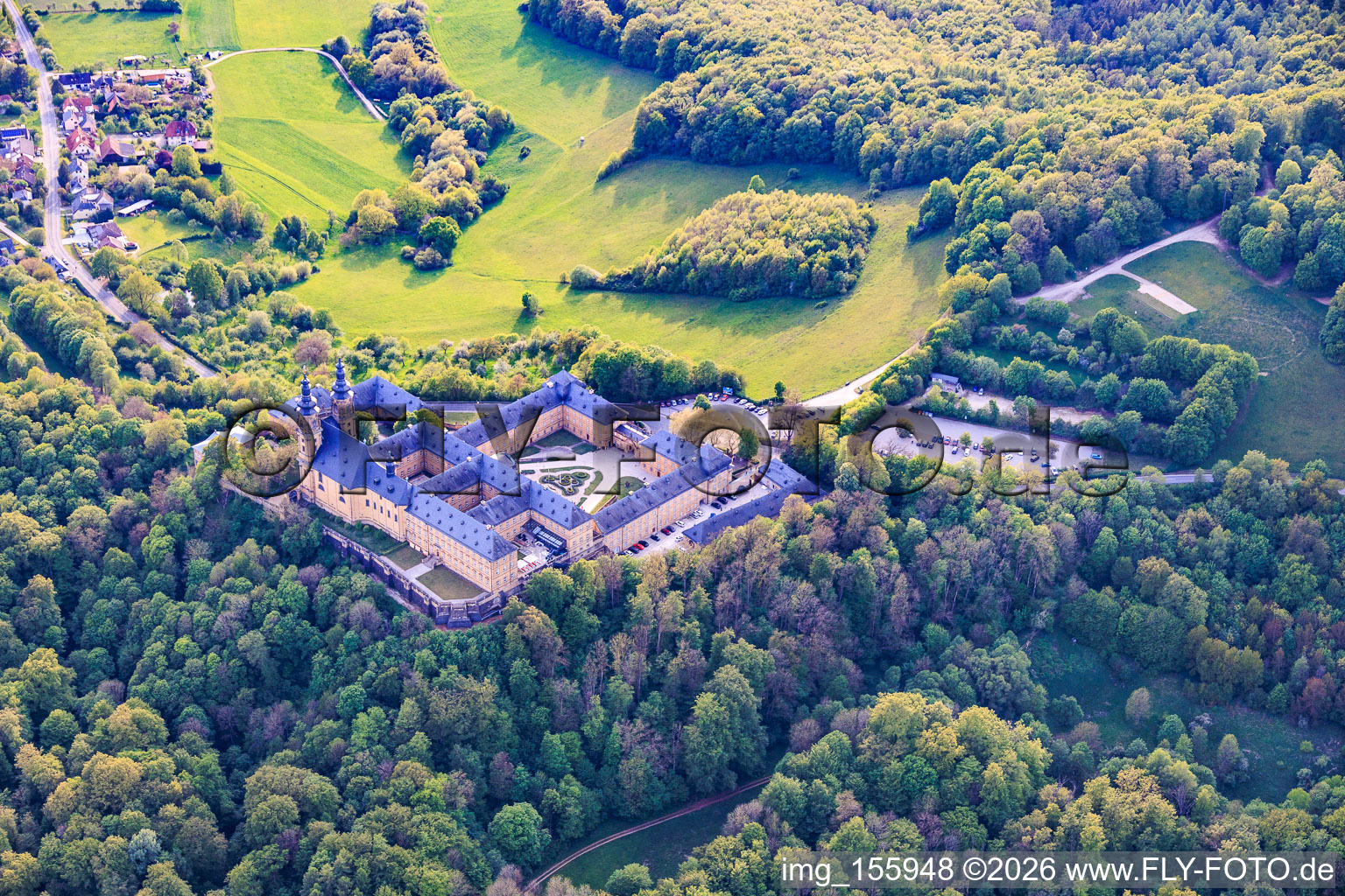 Banz Abbey with Imperial Hall, Abbey Church of St. Dionysius and St. Peter, Valentin Rathgeber Sculpture and Memorial and Hanns Seidel Foundation - Banz Abbey in the district Unnersdorf in Bad Staffelstein in the state Bavaria, Germany