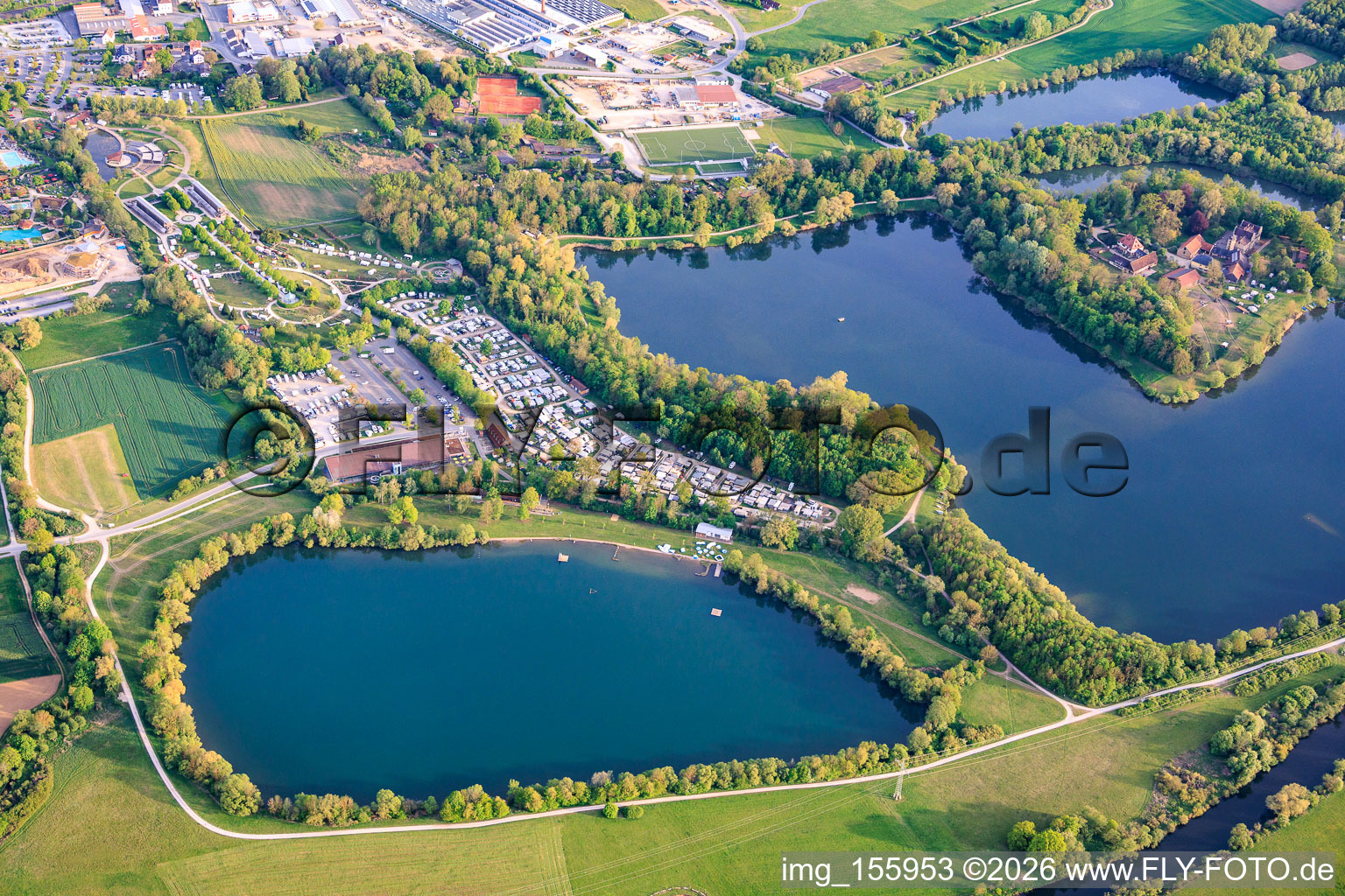 Mainaue near Oberau with Baltic Sea, Central Lake, AquaRiese, spa campsite Bad Staffelstein and Oberau Castle in Bad Staffelstein in the state Bavaria, Germany