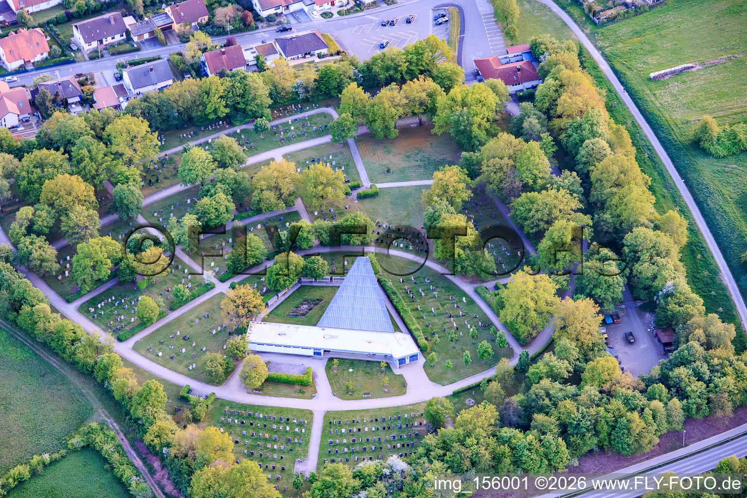 Cemetery Haßfurt (New Cemetery / Am Rödersgraben) , with park and triangular consecration hall in Haßfurt in the state Bavaria, Germany