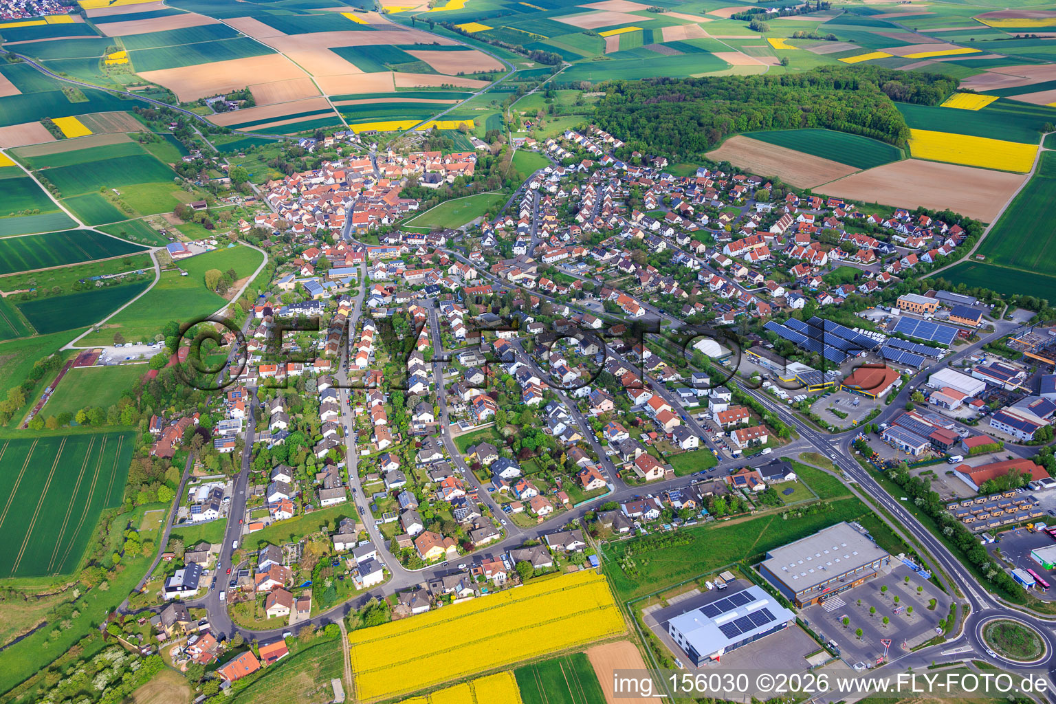 View of the town from the southeast, showing NETTO, REWE and Alde Deutschland. in Euerbach in the state Bavaria, Germany