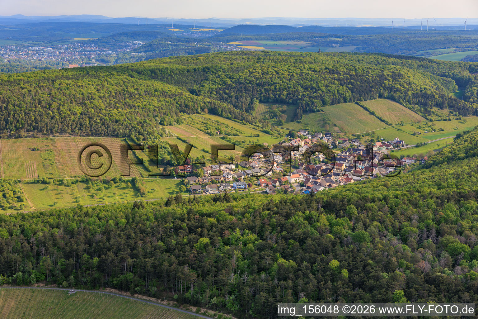 Wine village between valley and forest, viewed from the southwest. in the district Wirmsthal in Euerdorf in the state Bavaria, Germany