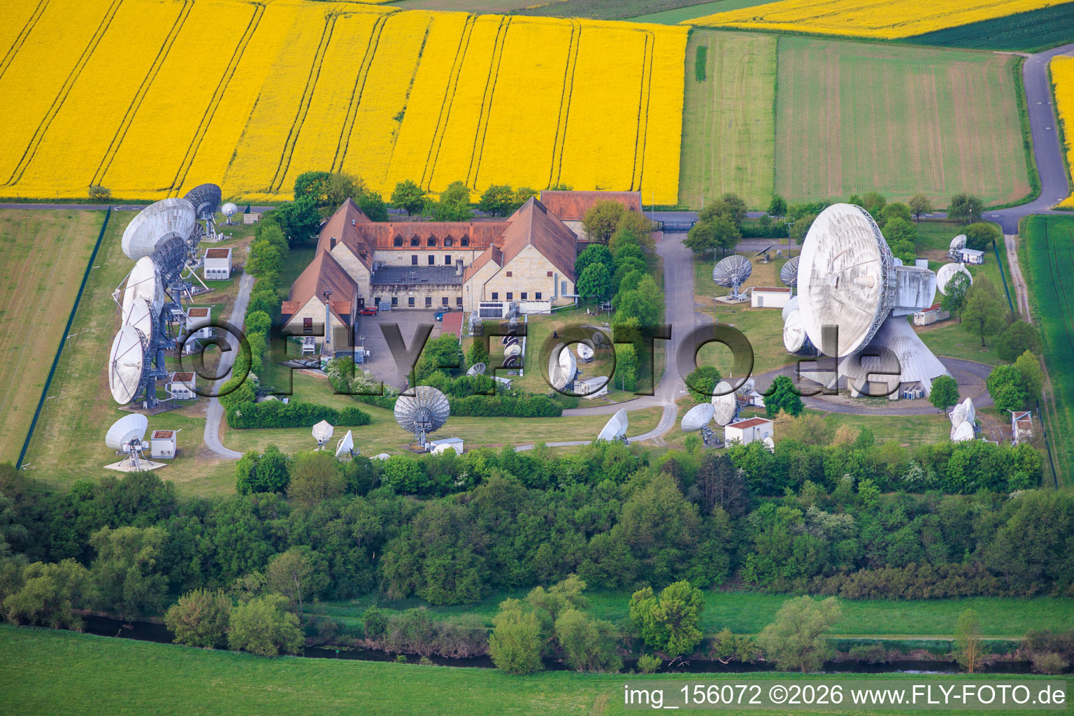 Parabolic antennas for satellite communication of the earth station Fuchsstadt in Fuchsstadt in the state Bavaria, Germany