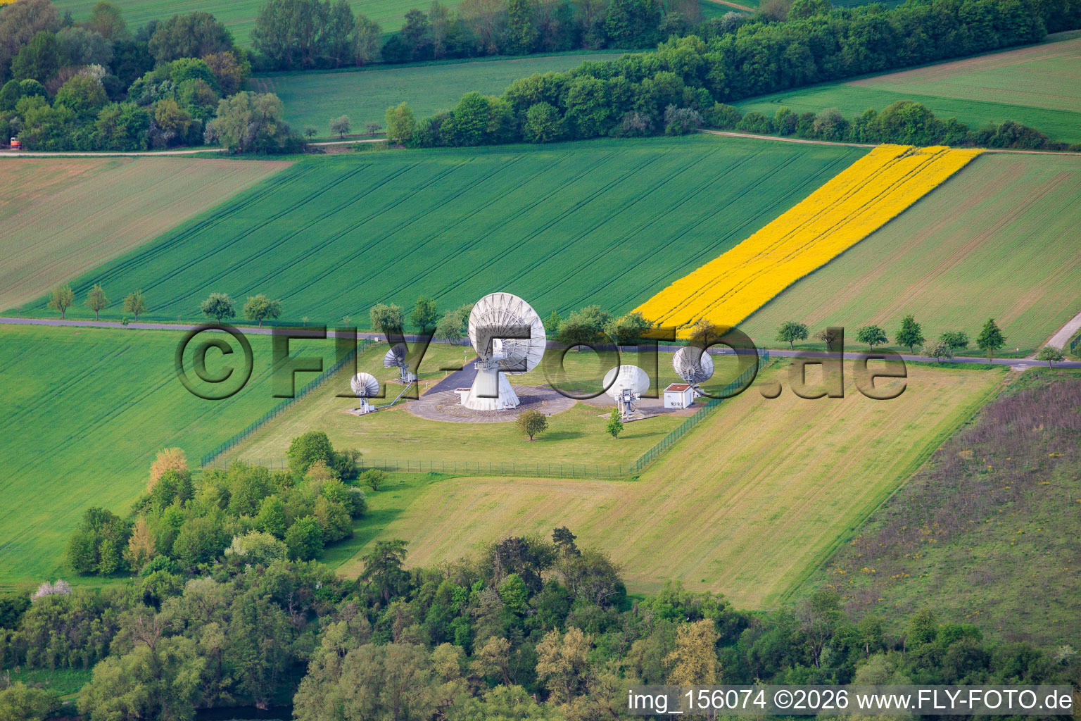 Parabolic antennas for satellite communication of the earth station Fuchsstadt in Fuchsstadt in the state Bavaria, Germany