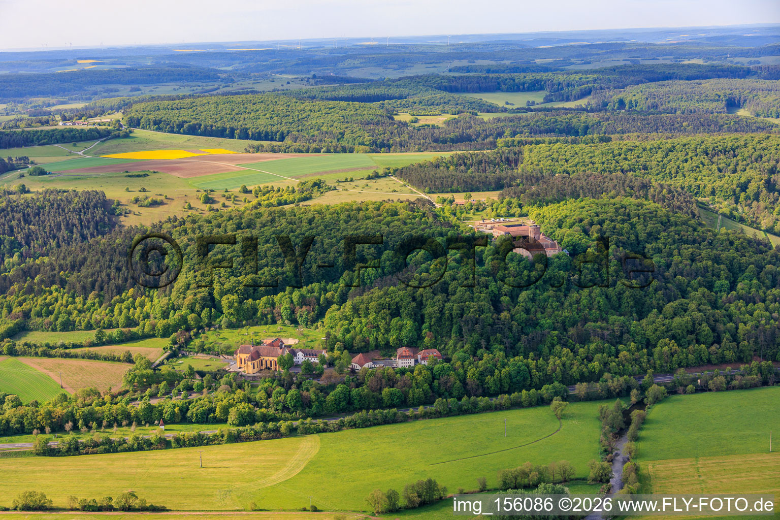 Saaleck Castle, Bavarian Music Academy Hammelburg and former Old Town Monastery Church from the north in Hammelburg in the state Bavaria, Germany