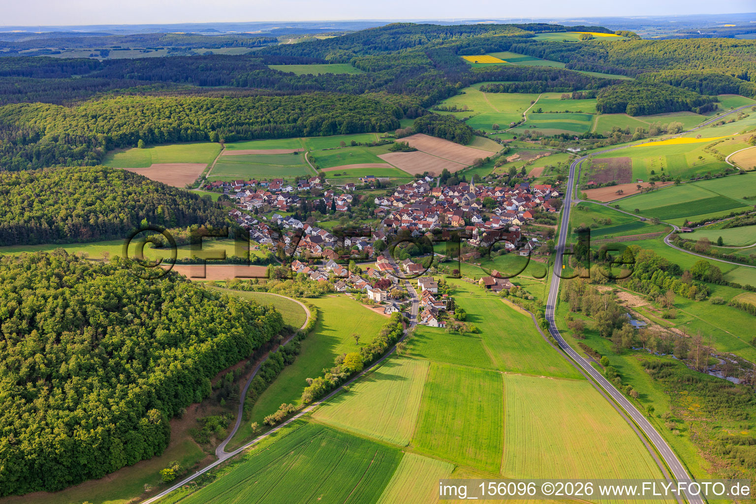 Village view in the valley of the Franconian Saale from the southeast in the district Diebach in Hammelburg in the state Bavaria, Germany