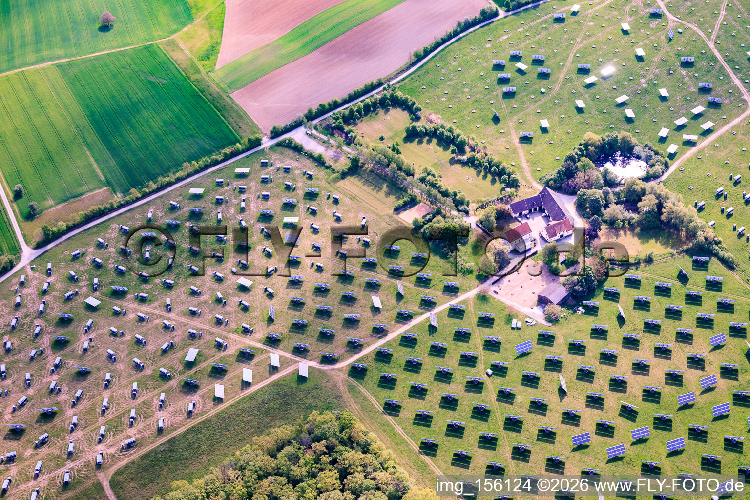 The Gut Erlasee solar park, currently being dismantled, features sun-tracking panels. in the district Büchold in Arnstein in the state Bavaria, Germany