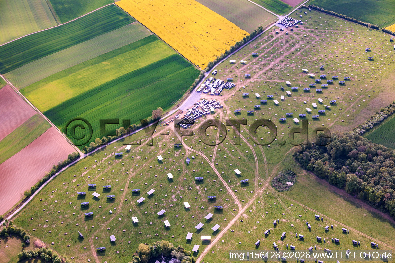 Construction site for the dismantling of the movers at the Gut Erlasee solar park with sun-tracking panels in the district Büchold in Arnstein in the state Bavaria, Germany
