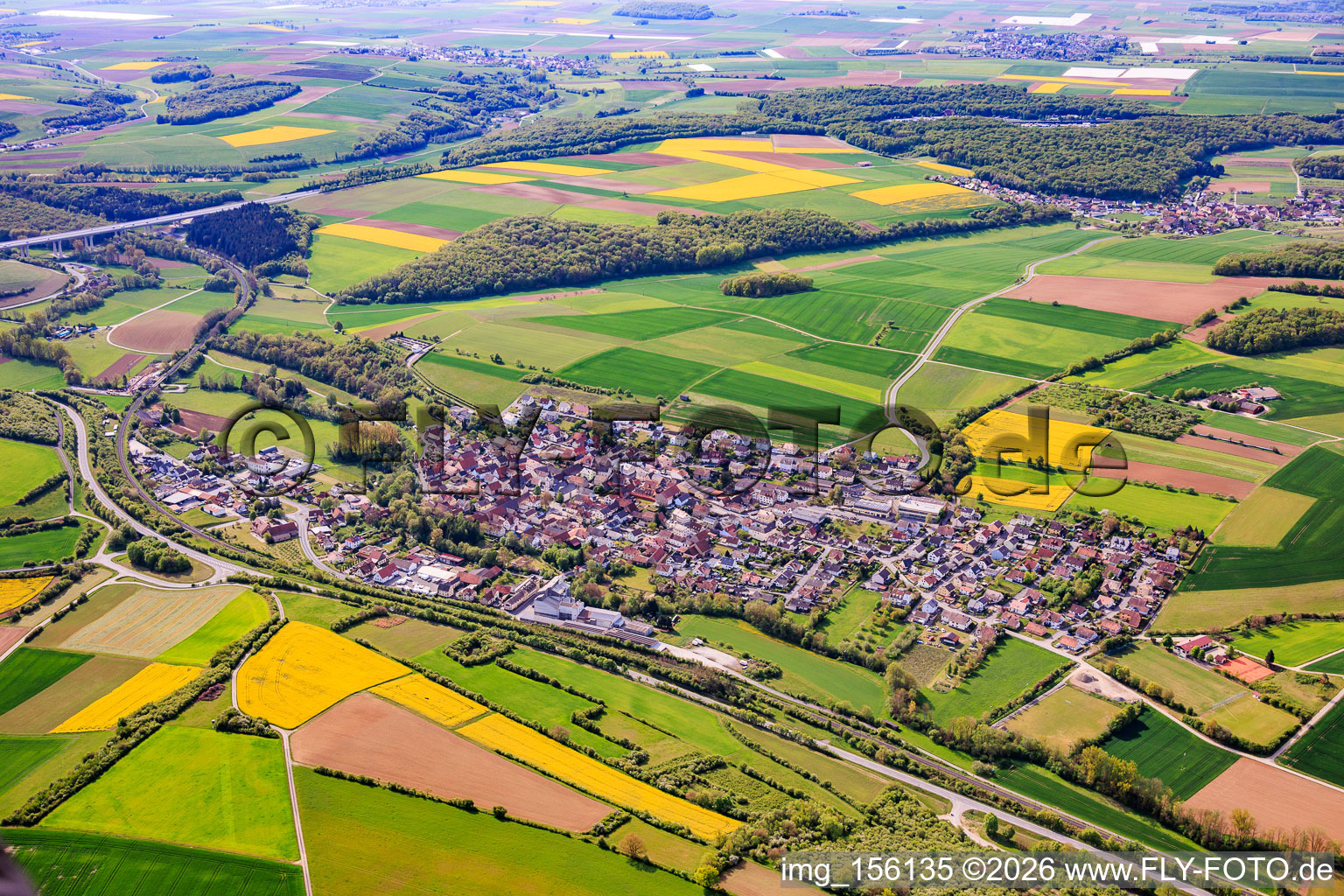 View of the town beyond the B26 in the district Gänheim in Arnstein in the state Bavaria, Germany