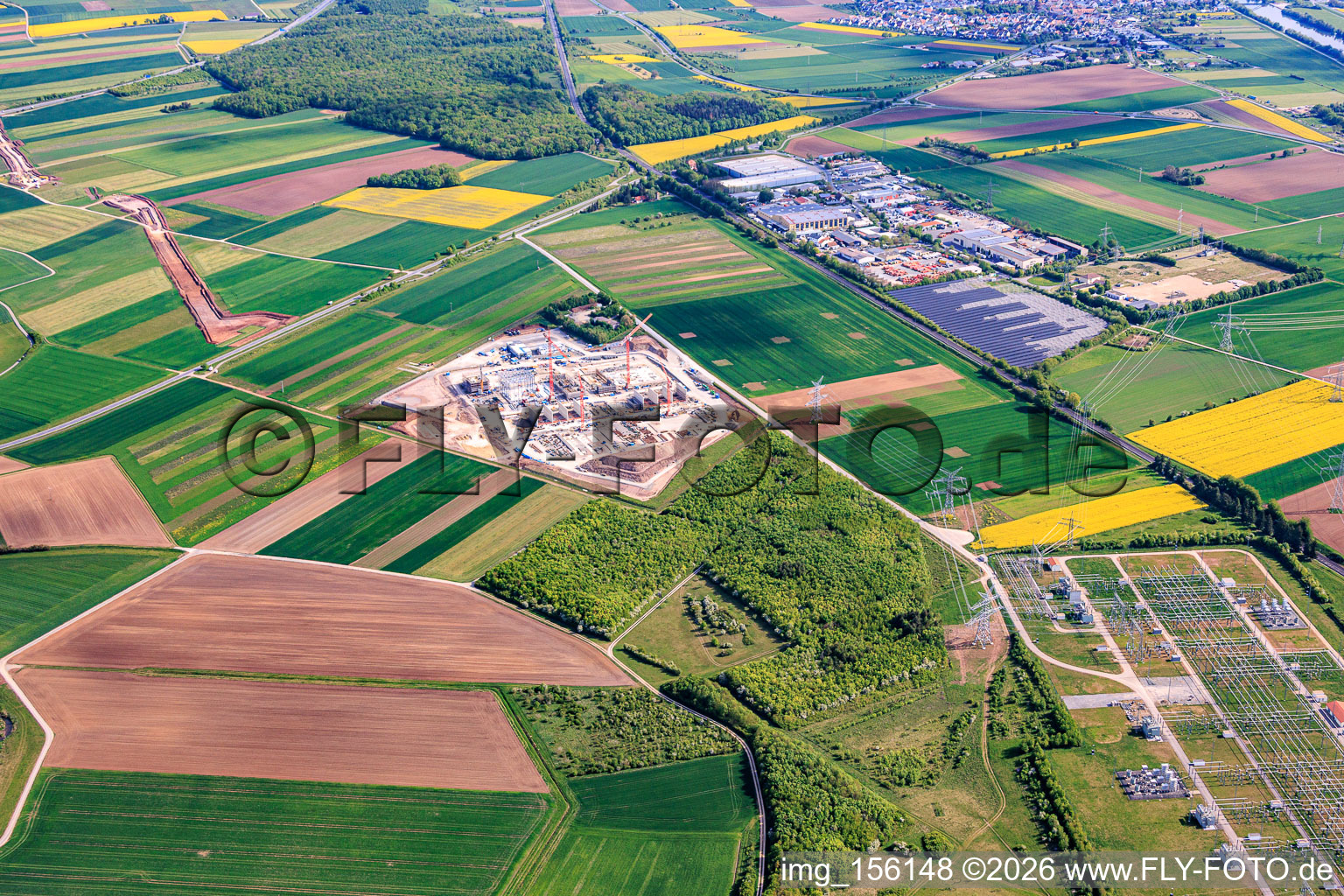 Construction site for the construction of the HVDC converter station Südlink DC4B - Bergrheinfeld in Bergrheinfeld in the state Bavaria, Germany