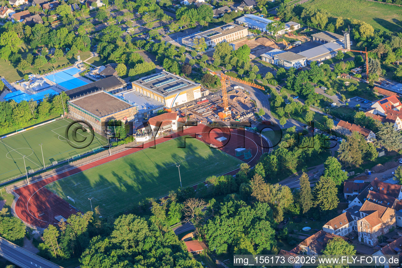 Stadium and Queichtal Hall as well as construction site at Konrad-Lerch-Ring in Offenbach an der Queich in the state Rhineland-Palatinate, Germany