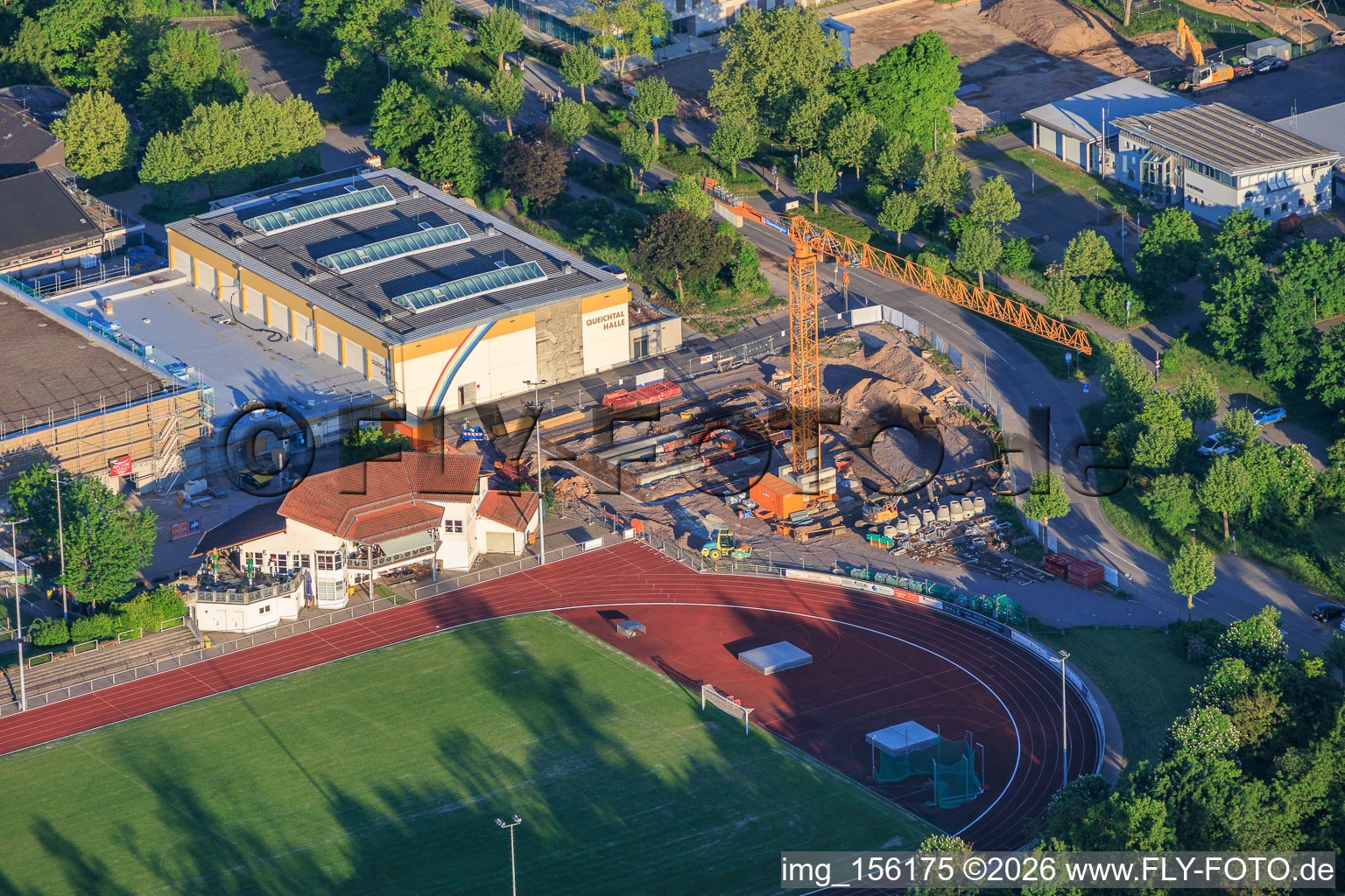 Stadium and Queichtal Hall as well as construction site at Konrad-Lerch-Ring in Offenbach an der Queich in the state Rhineland-Palatinate, Germany