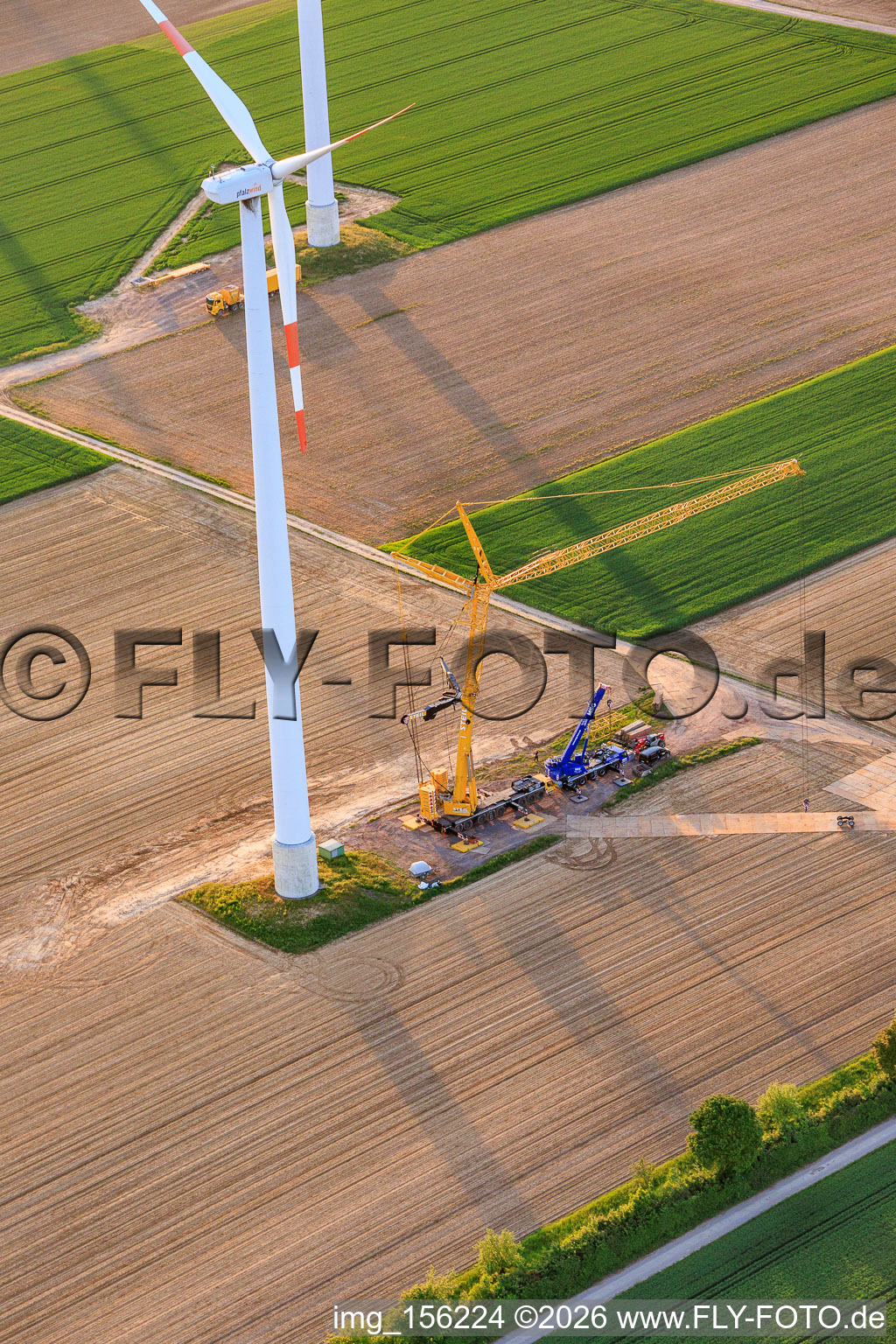 Construction site for the demolition of the 22-year-old wind turbines as part of the repowering of the wind farm Minfeld. JUWI in Minfeld in the state Rhineland-Palatinate, Germany