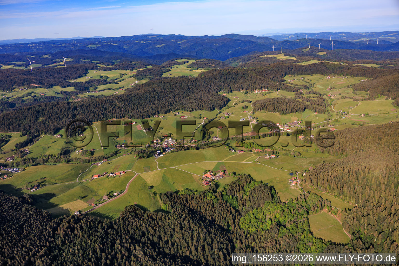 Black Forest meadows around the Sulzbach from the northeast in the district Diesenhof in Lauterbach in the state Baden-Wuerttemberg, Germany