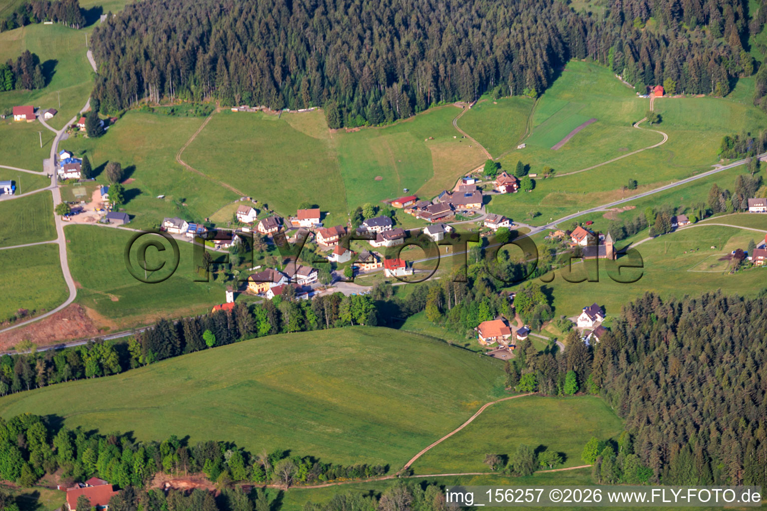 Village view with Maria Regina Pacis Church on the Sulzbach stream from the northeast. in the district Diesenhof in Lauterbach in the state Baden-Wuerttemberg, Germany