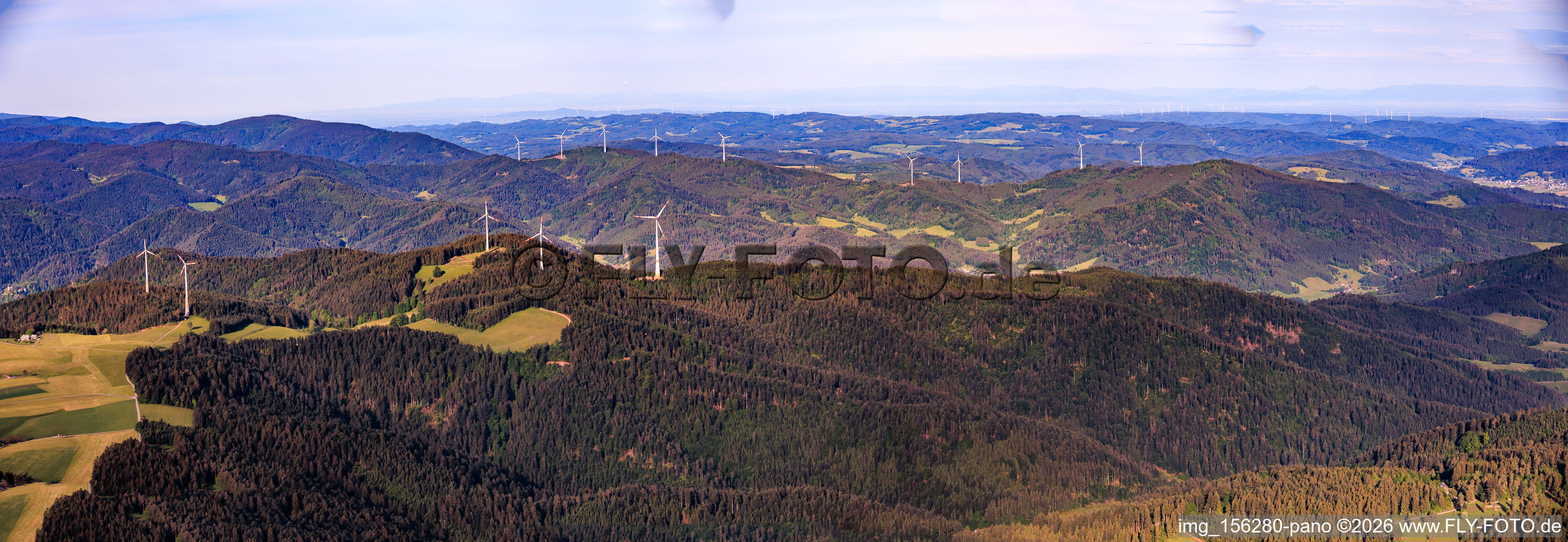 Panorama of the wind farms in the Black Forest, Falkenhöhe in the foreground in the district Unter-Reichenbach in Hornberg in the state Baden-Wuerttemberg, Germany