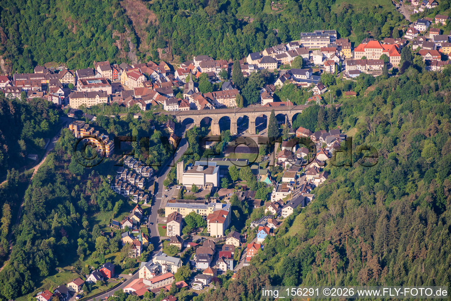 City view with Reichenbach viaduct in the Reichenbach valley from the northeast in Hornberg in the state Baden-Wuerttemberg, Germany