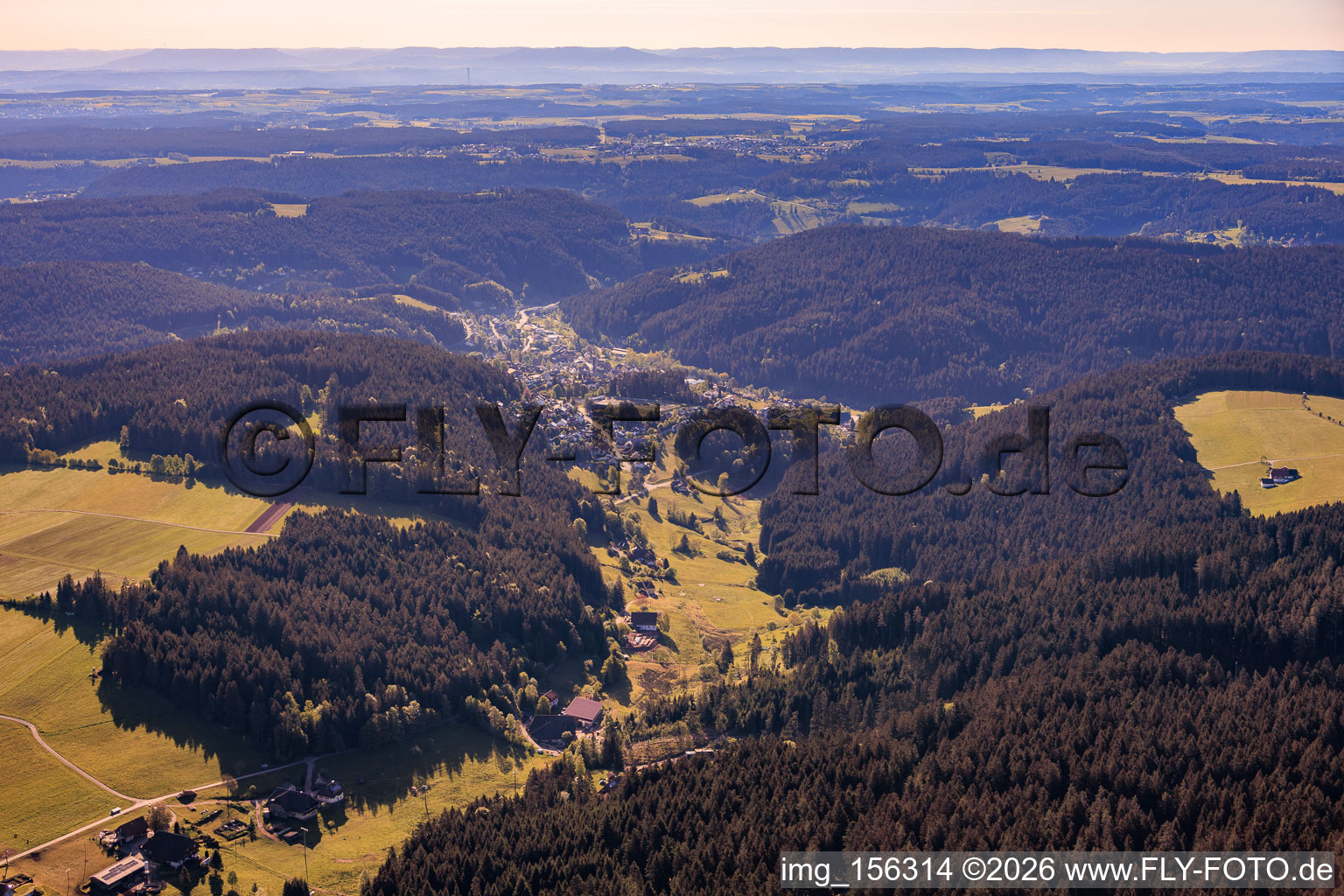 View of the town in the Schiltach valley from the west in the district Tennenbronn in Schramberg in the state Baden-Wuerttemberg, Germany