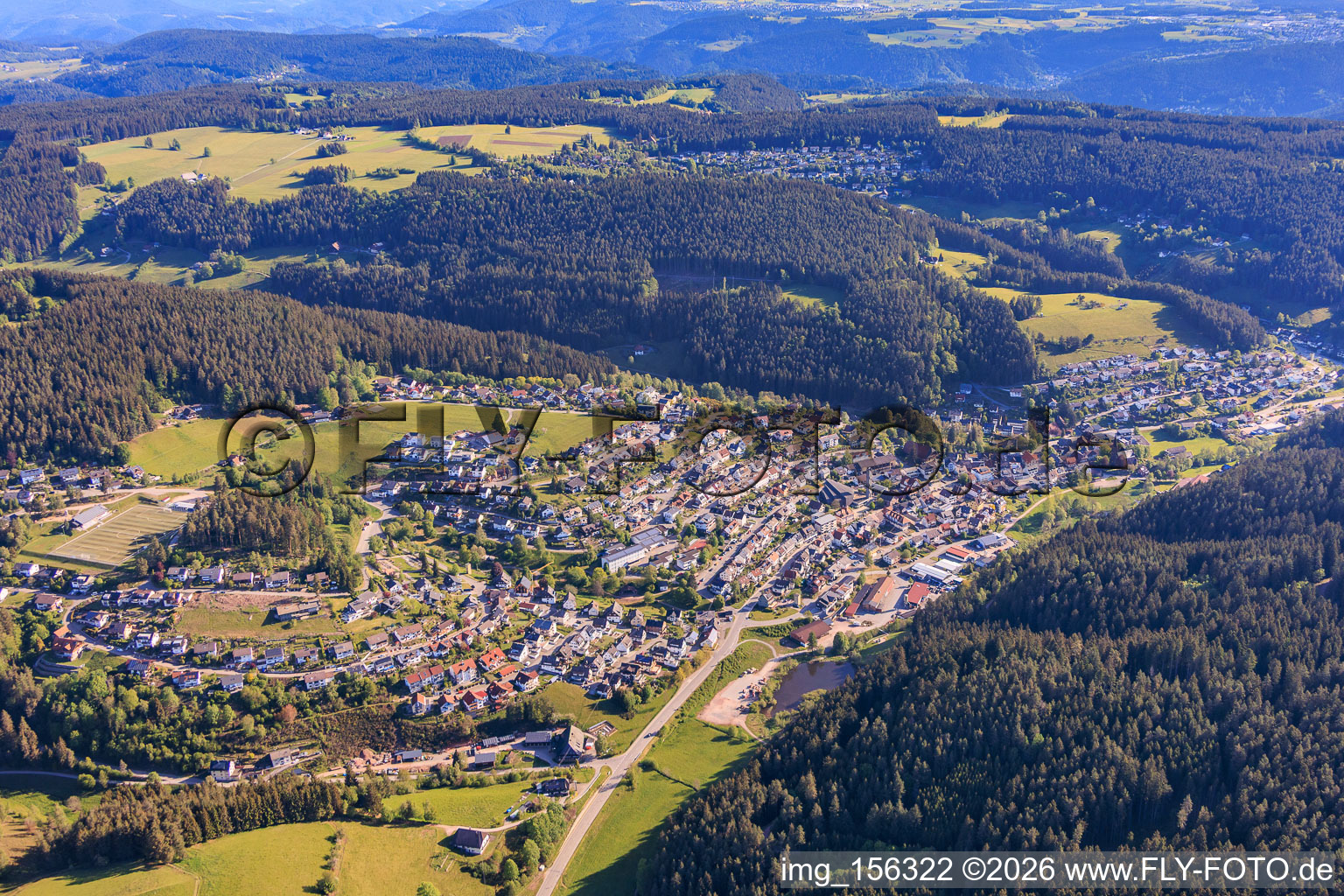View of the town in the Schiltach valley from the south in the district Tennenbronn in Schramberg in the state Baden-Wuerttemberg, Germany