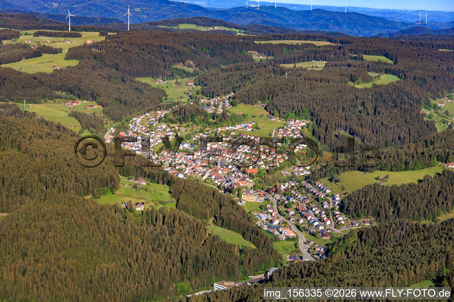 View of the town in the Schiltach valley from the east in the district Tennenbronn in Schramberg in the state Baden-Wuerttemberg, Germany