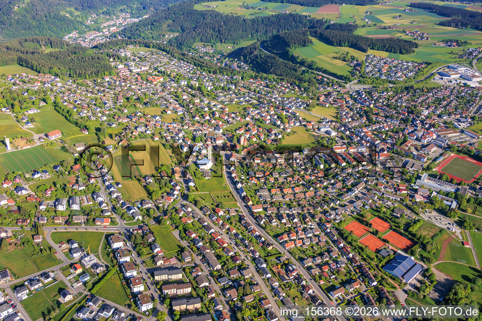 City overview from the southeast in the district Sulgen in Schramberg in the state Baden-Wuerttemberg, Germany