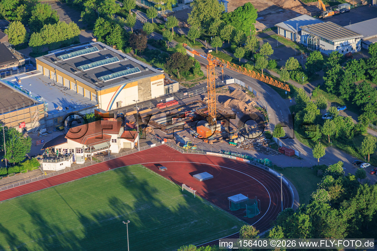 Stadium and Queichtal Hall as well as construction site at Konrad-Lerch-Ring in Offenbach an der Queich in the state Rhineland-Palatinate, Germany