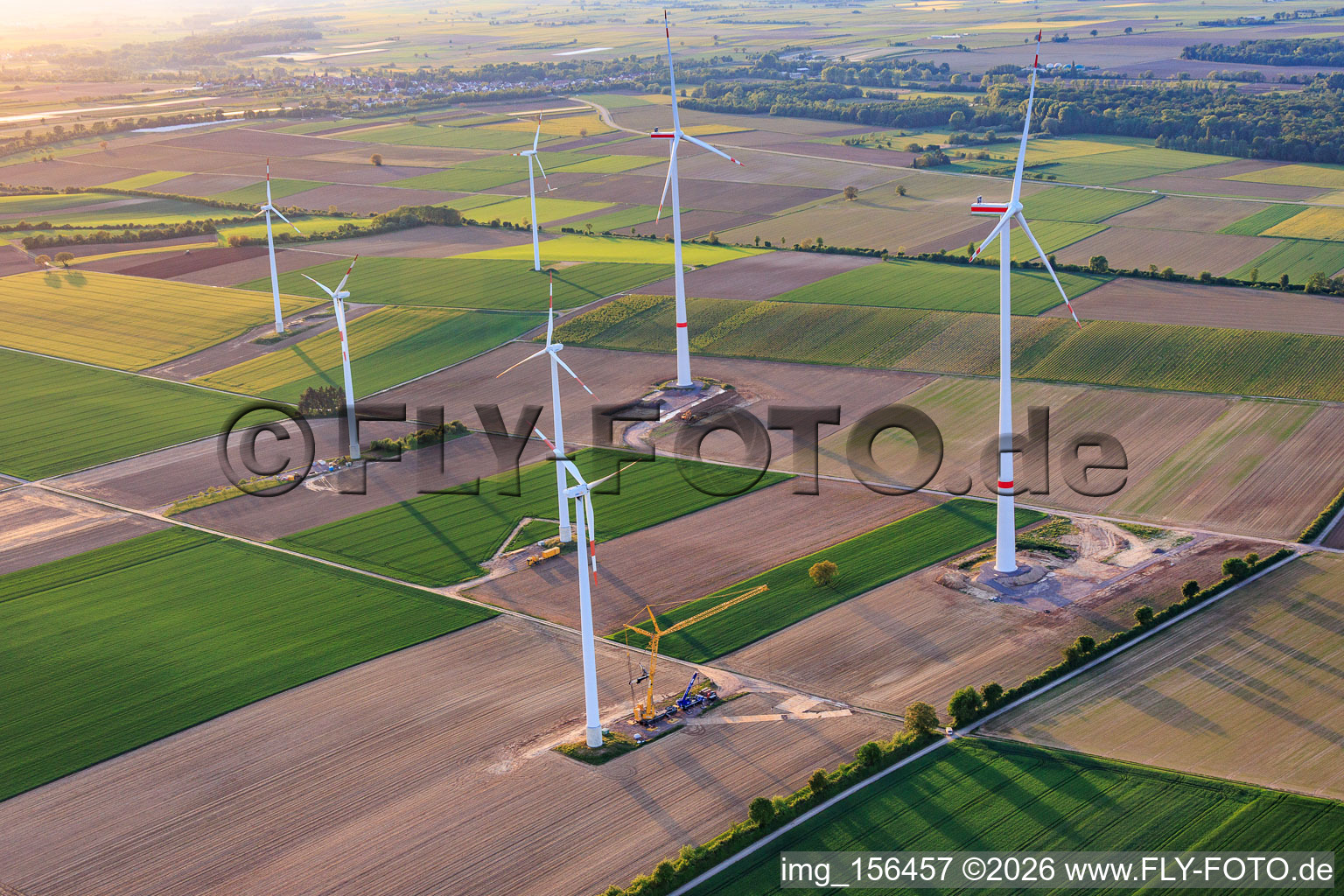 Repowering of the wind farm Minfeld. JUWI is replacing four older turbines (GE 1.5) from 2004 with two new, modern Vestas V162 turbines, each with a capacity of six MW. in Minfeld in the state Rhineland-Palatinate, Germany