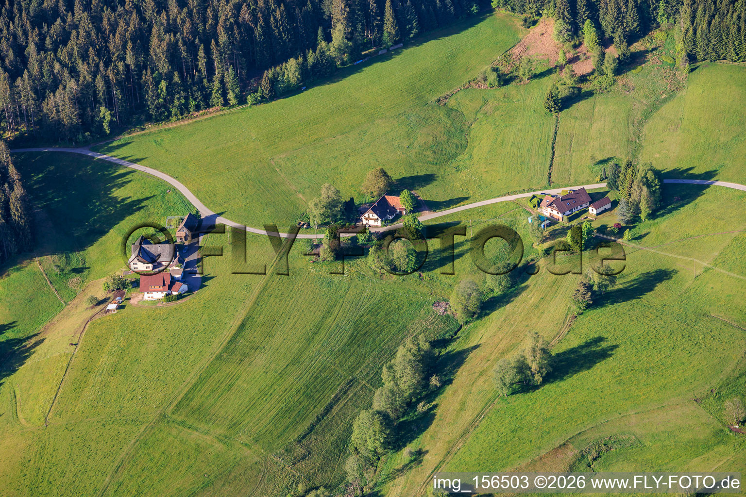 Three Black Forest farms and Mooswald Chapel in the district Diesenhof in Lauterbach in the state Baden-Wuerttemberg, Germany