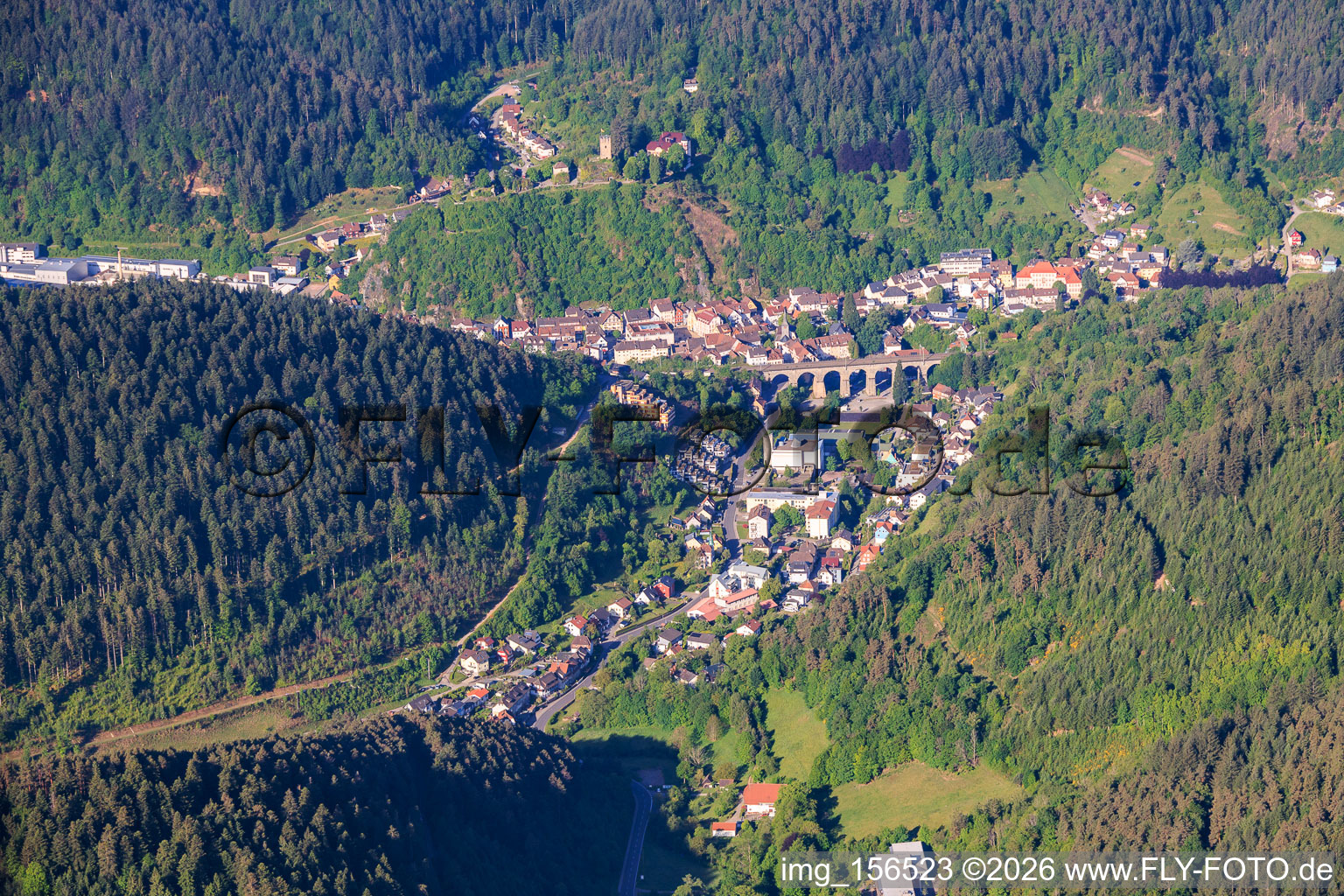 City view with Reichenbach viaduct in the Reichenbach valley from the northeast in Hornberg in the state Baden-Wuerttemberg, Germany