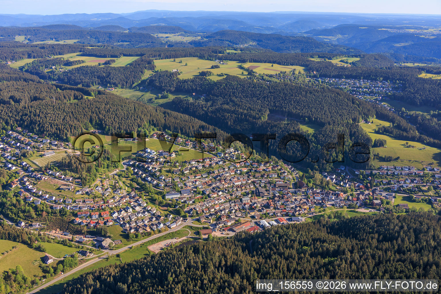 View of the town in the Schiltach valley from the south in the district Tennenbronn in Schramberg in the state Baden-Wuerttemberg, Germany