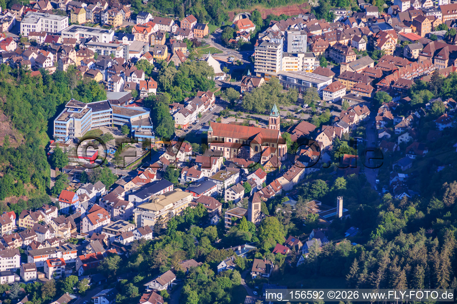 Gymnasium Schramberg and Church in Schramberg in the state Baden-Wuerttemberg, Germany