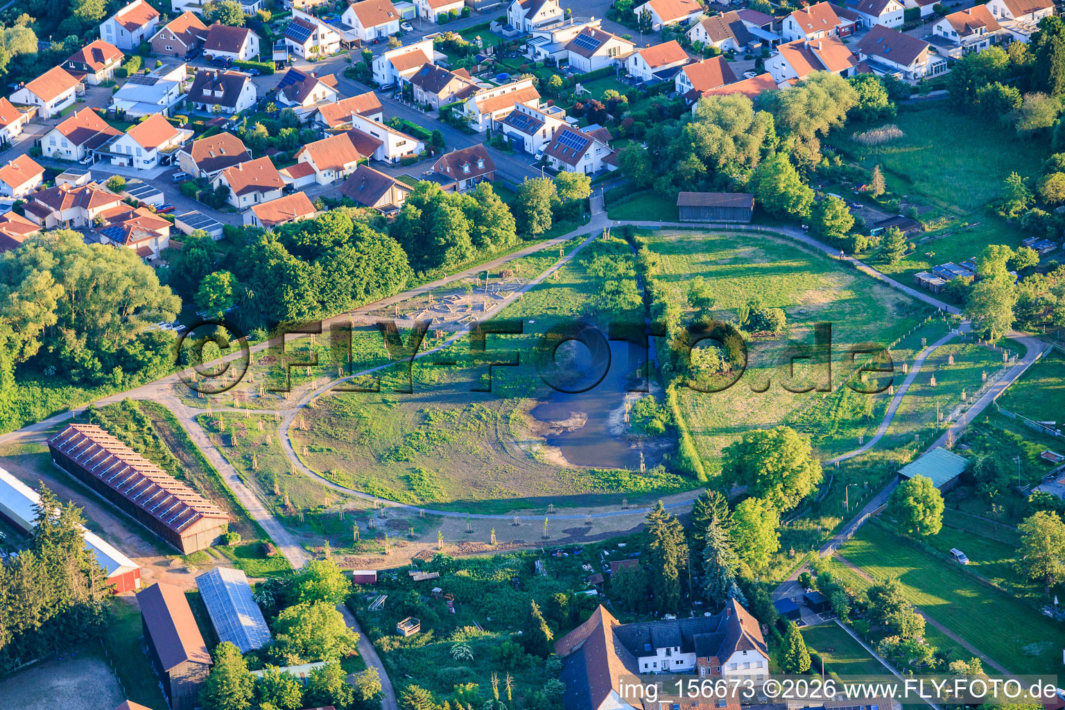 Development of the biotope and orchard "Im Bruch" concept by landscape architect Kurt Garrecht as an inner-city recreation area on the Klingbach cycle path in Herxheim bei Landau in the state Rhineland-Palatinate, Germany