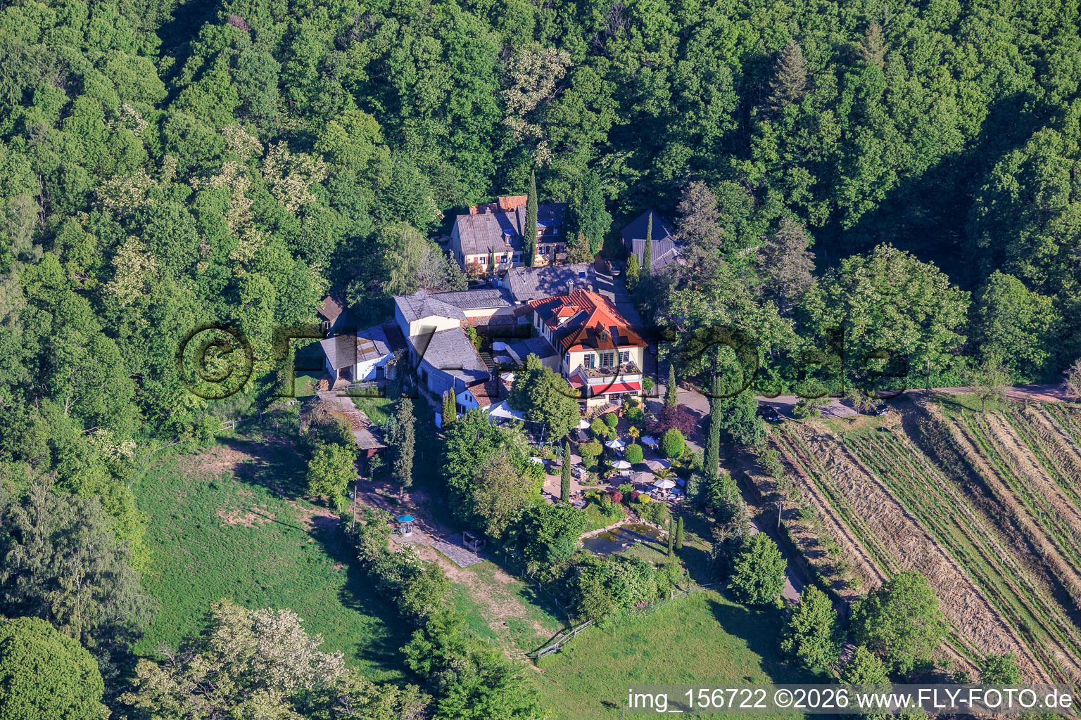 Sankt Annaberg winery with garden on the edge of the forest in Burrweiler in the state Rhineland-Palatinate, Germany