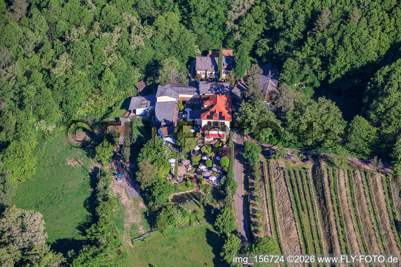 Sankt Annaberg winery with garden on the edge of the forest in Burrweiler in the state Rhineland-Palatinate, Germany