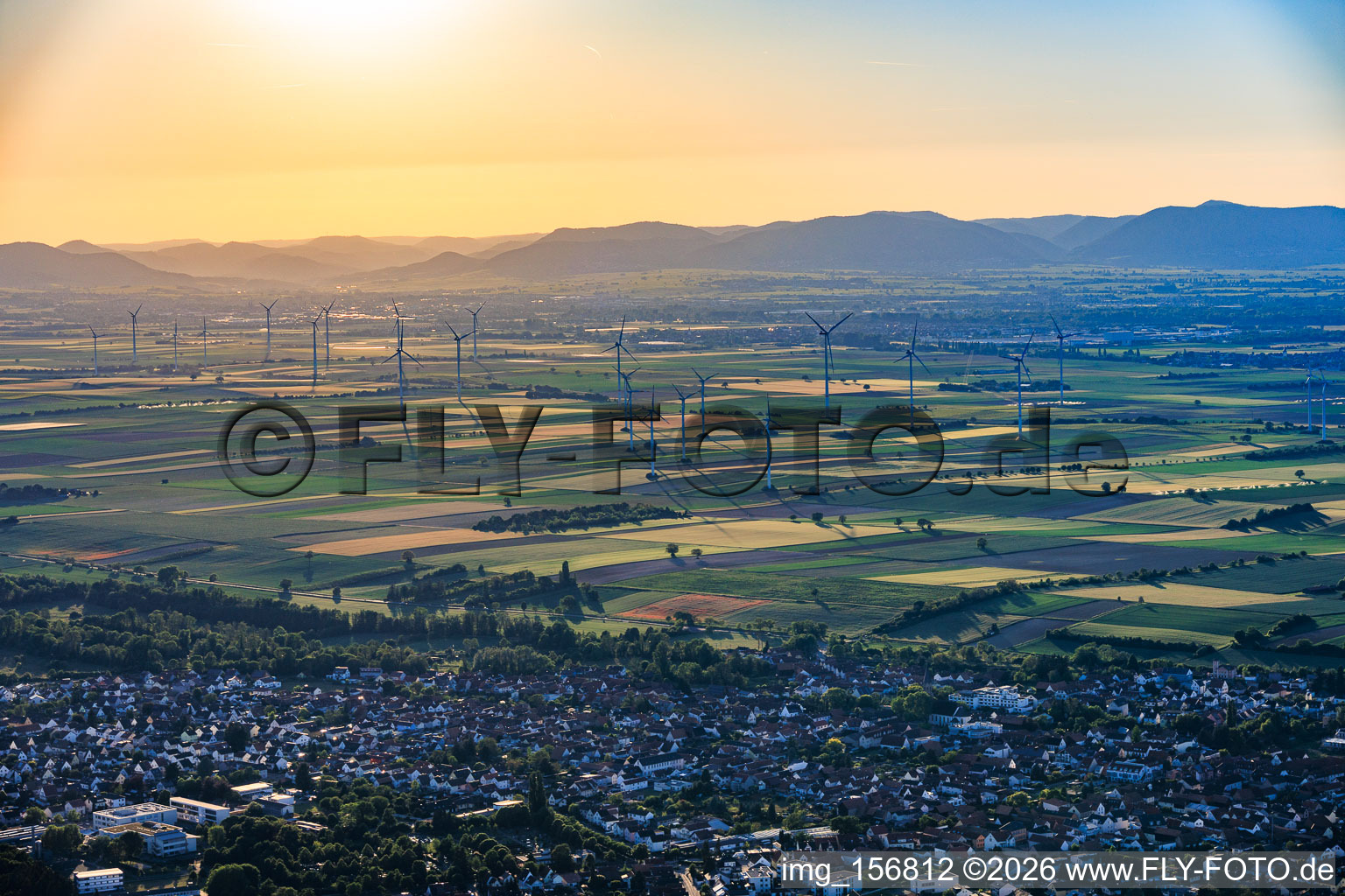 Wind farm from the southeast in the morning in Offenbach an der Queich in the state Rhineland-Palatinate, Germany