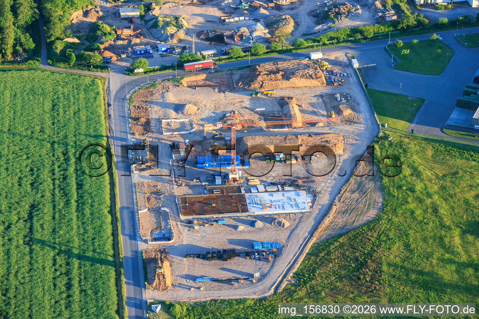 Construction area of the new X2E campus for administration and production buildings in Rohrbach in the state Rhineland-Palatinate, Germany