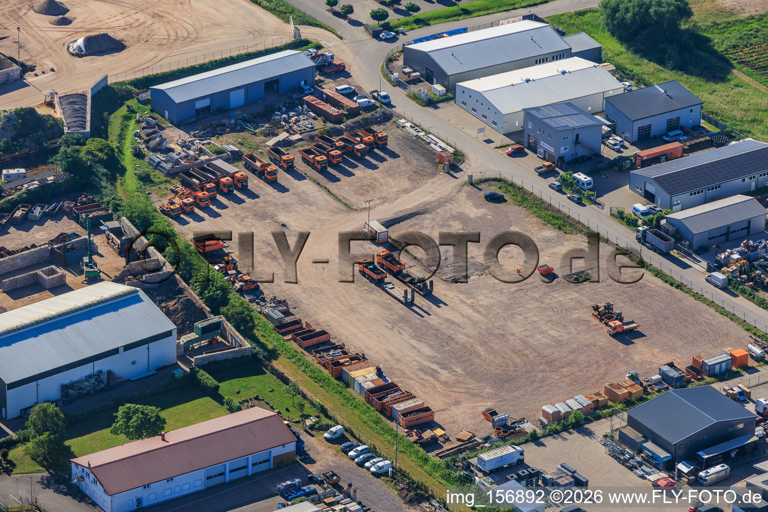 Lerchenweide industrial area with Gerst Bauservice GmbH (construction waste recycling, bulk goods container service) in Venningen in the state Rhineland-Palatinate, Germany
