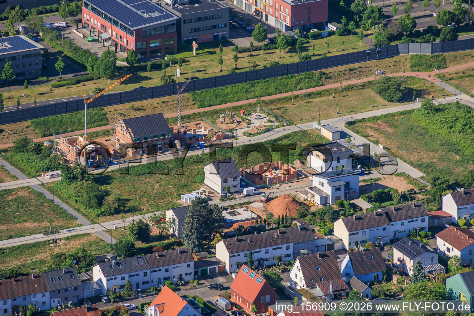First residential construction sites in the new development area in Storchenring in the district Queichheim in Landau in der Pfalz in the state Rhineland-Palatinate, Germany