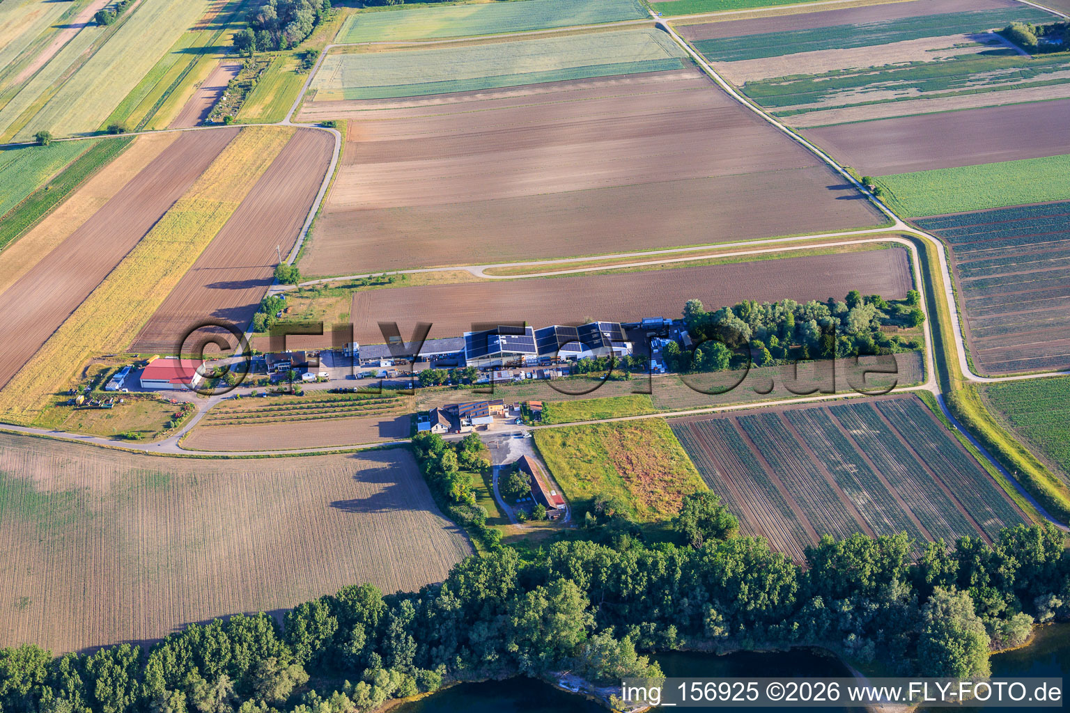Jesterhof Agriculture: Fruit and vegetable cultivation, farm shop, distillery, old brickworks and Rheinfeldstraße industrial park with Celsa Messgeräte GmbH and Solisation GmbH in the district Mechtersheim in Römerberg in the state Rhineland-Palatinate, Germany