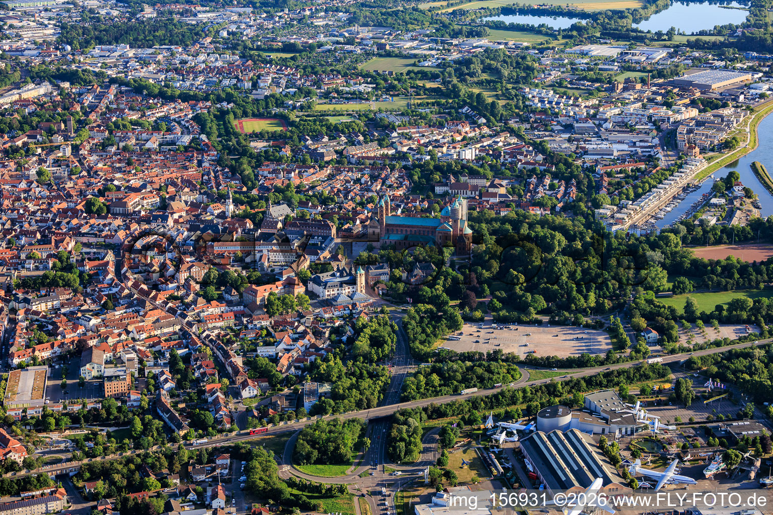 City view from the south with Klipfelsau, cathedral, Maximilianstrasse and marina in Speyer in the state Rhineland-Palatinate, Germany