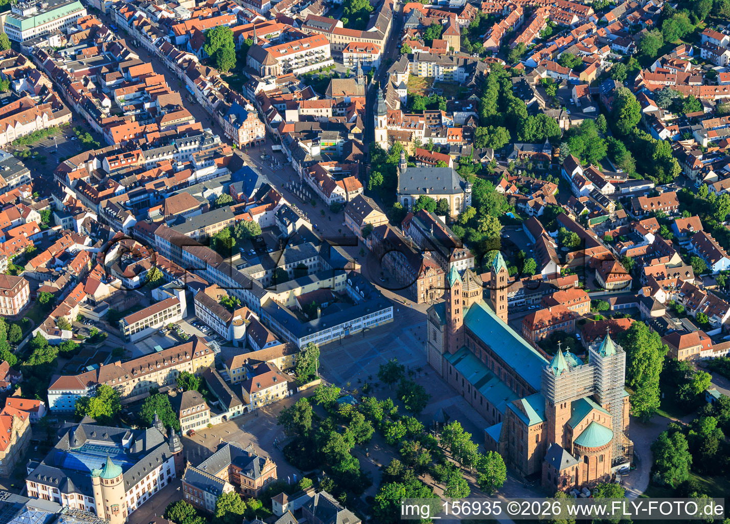 Maximilianstrasse from the east with the Historical Museum of the Palatinate and the Cathedral in Speyer in the state Rhineland-Palatinate, Germany