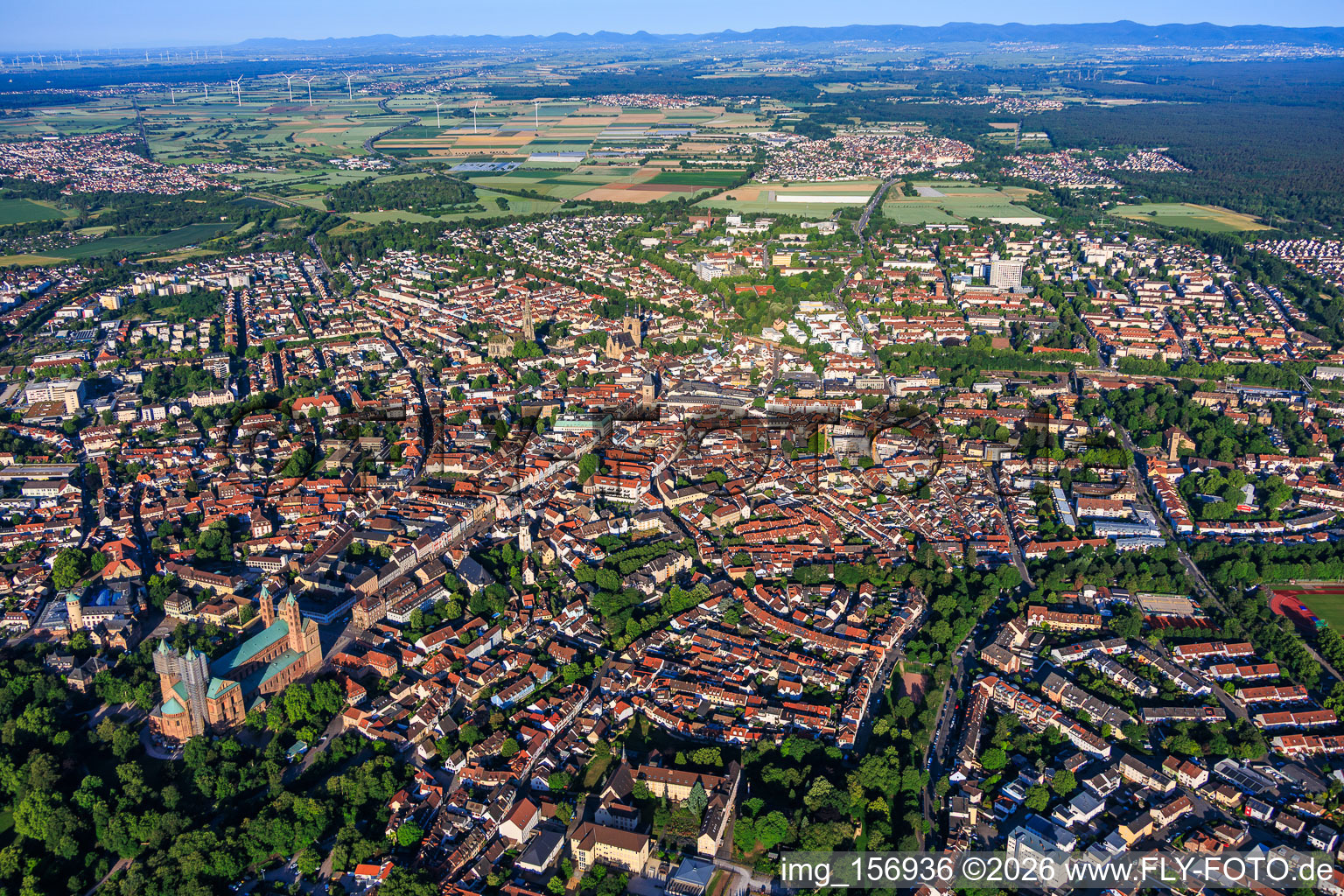 City overview from the northeast showing the cathedral, Maximilianstrasse and the Dominican convent of St. Magdalena. in Speyer in the state Rhineland-Palatinate, Germany