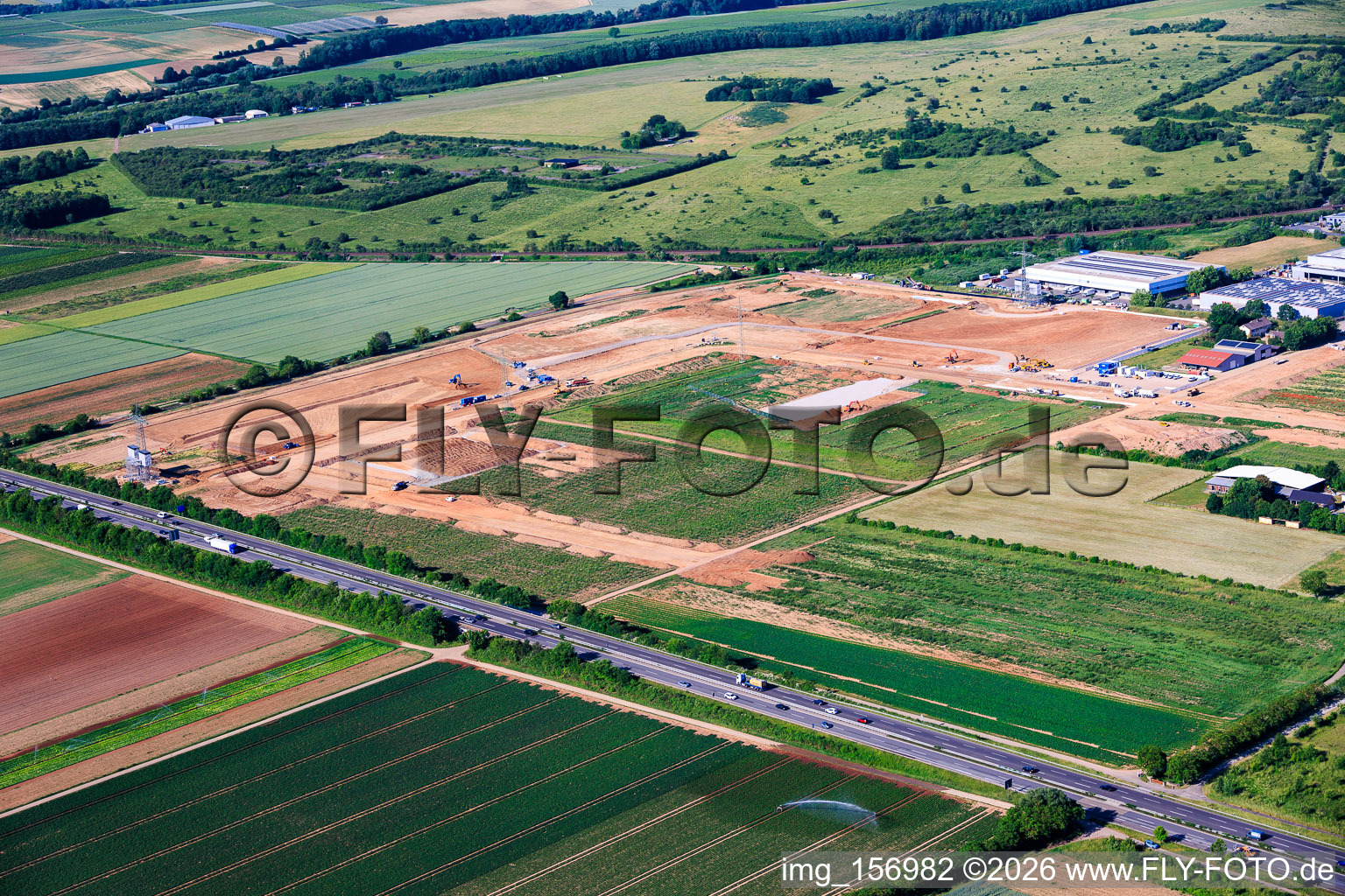 Industrial area D12 with construction site for geothermal power plant and substation from Vulcan from the northeast in Landau in der Pfalz in the state Rhineland-Palatinate, Germany