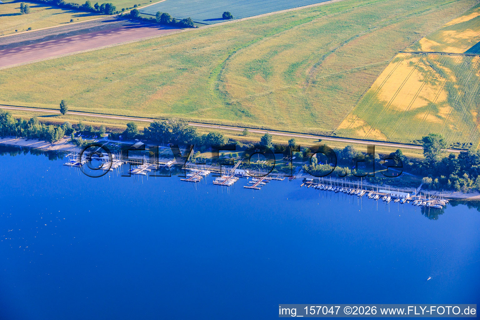 Boat landing stage of the Frankenthal Canoe and Sailing Club, HSK Ludwigshafen and Kollerskipper Sailing Club on the shore of Lake Kollersee in Otterstadt in the state Rhineland-Palatinate, Germany