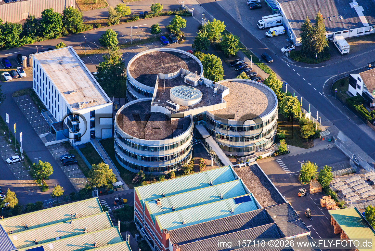MANN+HUMMEL's company headquarters consists of three round buildings arranged in a cloverleaf pattern. in Speyer in the state Rhineland-Palatinate, Germany