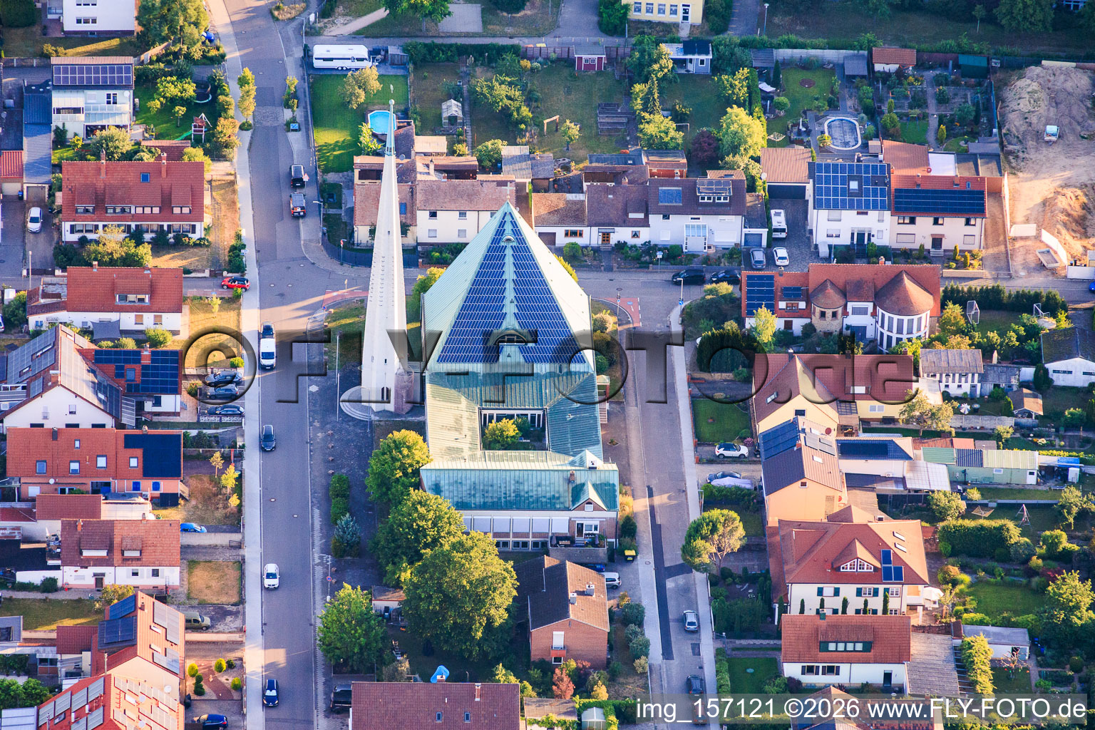 Modern building with PV roof of the Protestant Christ Church in Speyer in the state Rhineland-Palatinate, Germany