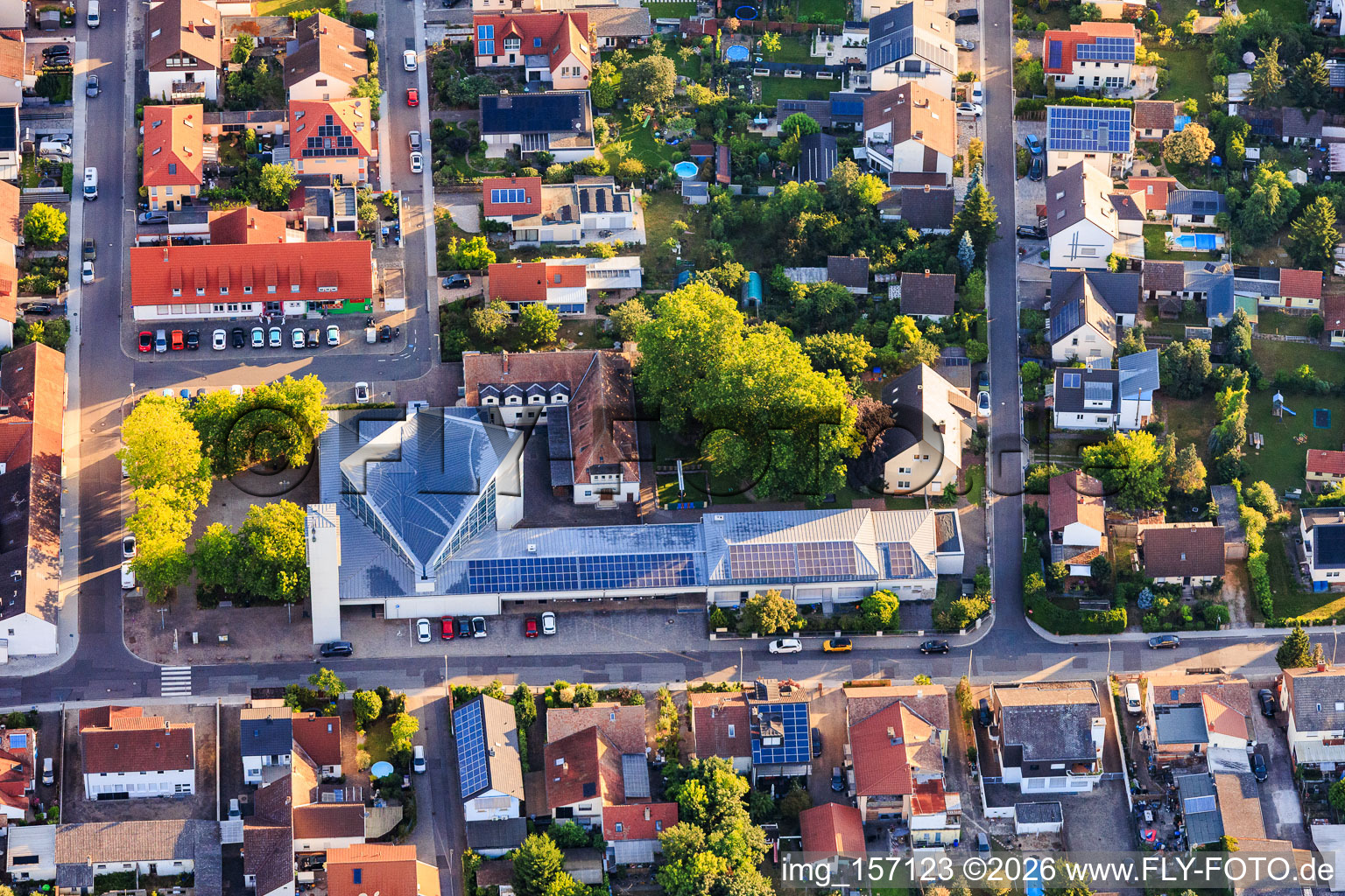 Modern building with PV roofs of St. Konrad, Catholic Church in Speyer in the state Rhineland-Palatinate, Germany